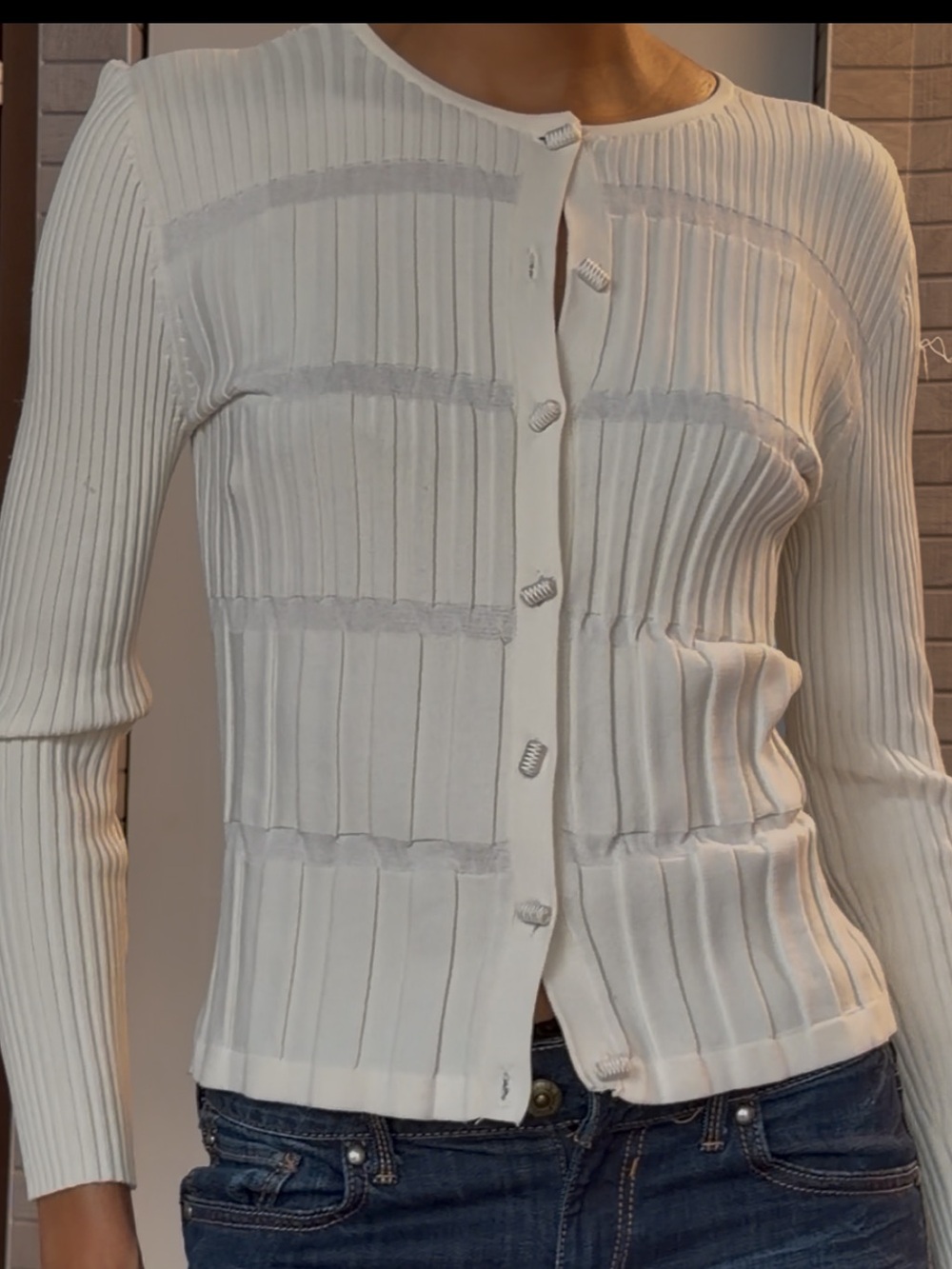 Cream Ribbed Button-Up Knit Cardigan